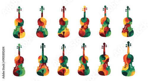 Collection of colorful acoustic guitars arranged in a row