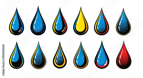 Collection of colorful paint drops in various shades and sizes