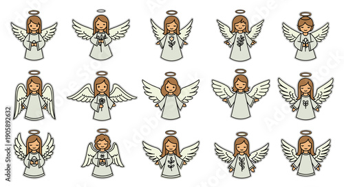 Collection of cartoon angels with wings and halos in various poses