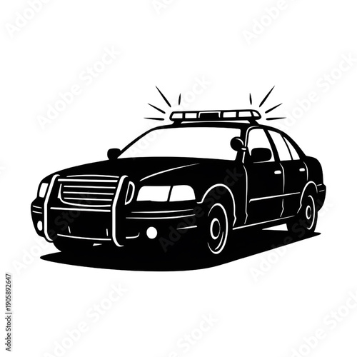 Black and White Vector Illustration of a Classic Police Patrol Car with Emergency Lights