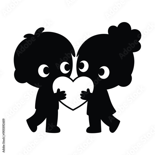 Two cartoon figures embracing sharing a heart shaped symbol of affection
