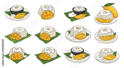 Collection of traditional japanese sushi dishes served green leaves