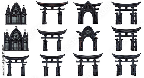 Collection of traditional japanese torii gates in various styles and sizes