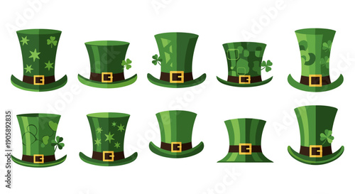 Set of nine festive leprechaun hats with different patterns and styles