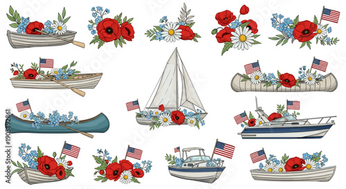 Collection of colorful nautical and maritime themed illustrations