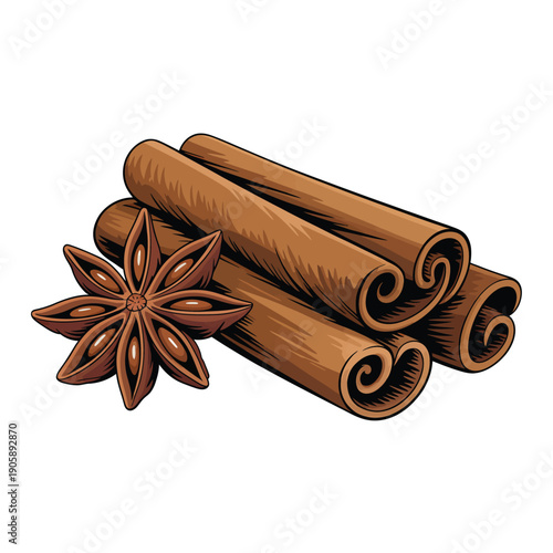 A vibrant illustration of star anise and cinnamon sticks stacked together