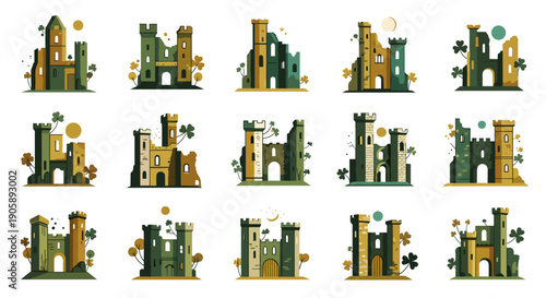 Collection of various green and gold castle illustrations with detailed architecture
