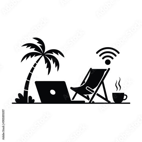 Relaxing beach scene featuring a laptop palm tree and wifi signal