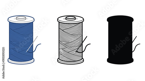 Three spools of thread, one colored, one sketched, one solid black.