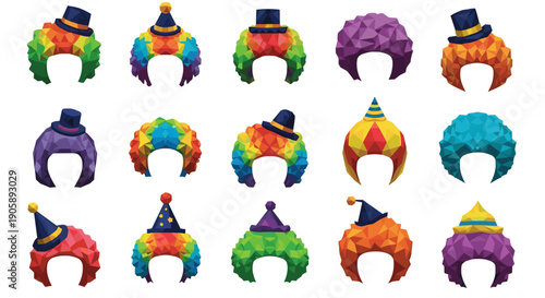 Collection of colorful clown wigs and hats for costume accessories