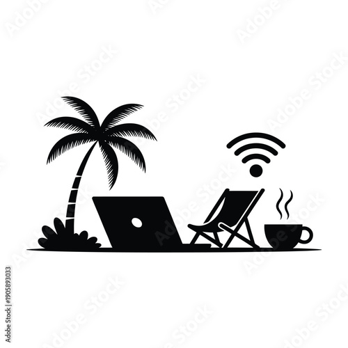 Remote work setup with a tropical beach scene and wireless internet