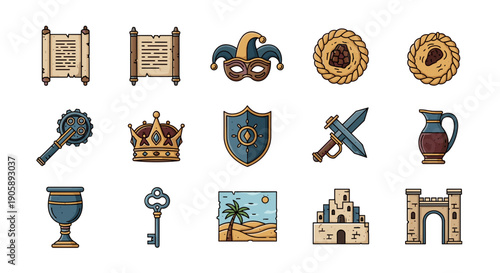 Collection of medieval and fantasythemed objects and symbols