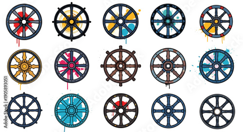 Collection of colorful ship wheels arranged in a pattern