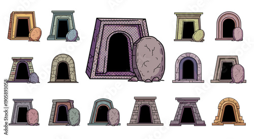 Collection of colorful stone archways and doorways with different shapes