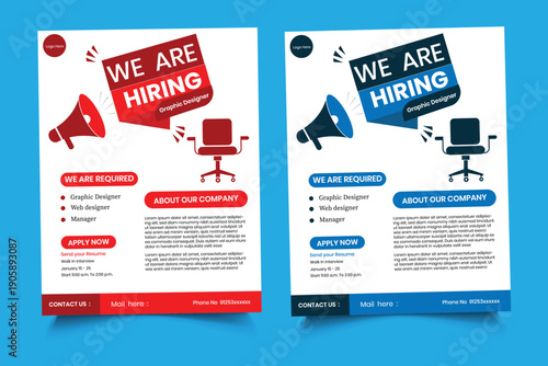 Hiring Flyer Design , Flyer Set, Flyer Vector design,  we are hiring for job Graphic Design, Business Recruitment Poster Design Career Opportunity .