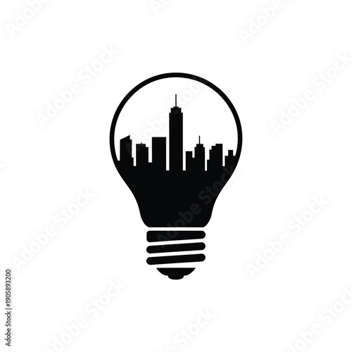 A black silhouette of a city skyline contained within a lightbulb shape
