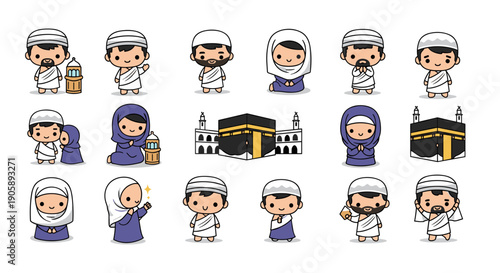 Collection of cartoon characters performing religious rituals and prayers