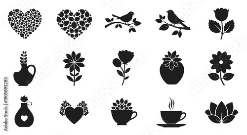 Collection of black silhouette icons featuring hearts flowers and plants