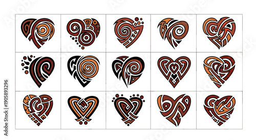 Collection of decorative hearts with intricate swirling patterns and designs