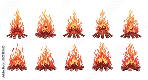 Set of nine realistic campfire illustrations with glowing flames