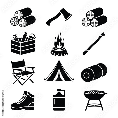Camping equipment and firewood icons in a black and white style