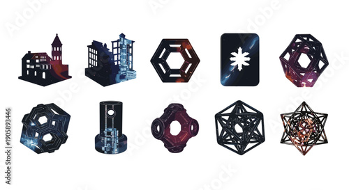 Collection of colorful geometric shapes and polyhedra models