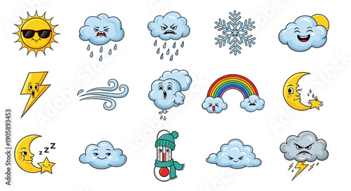 Collection of weather and nature icons in cartoon style