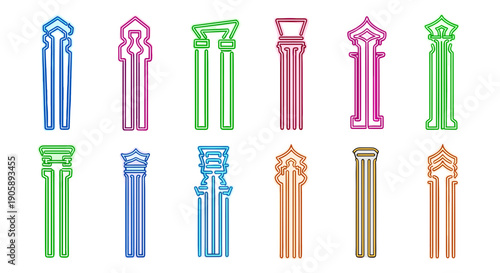 Collection of colorful ornate columns in various pastel shades