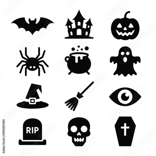 A collection of spooky halloween icons including ghosts bats and pumpkins