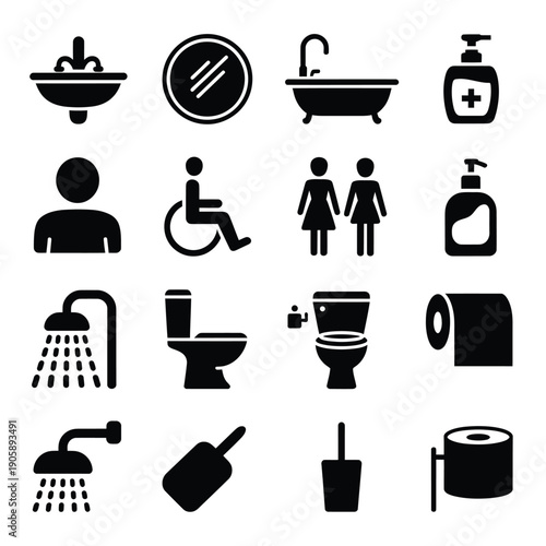 Black and white icons depicting various bathroom fixtures and accessibility symbols
