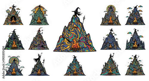 Collection of colorful fantasy mountain landscapes with mythical creatures