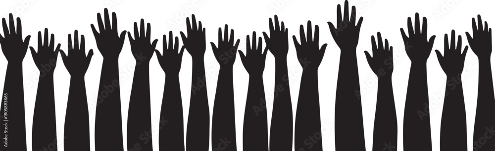 Fototapeta premium Silhouettes of Raised Hands in Black Against White Background