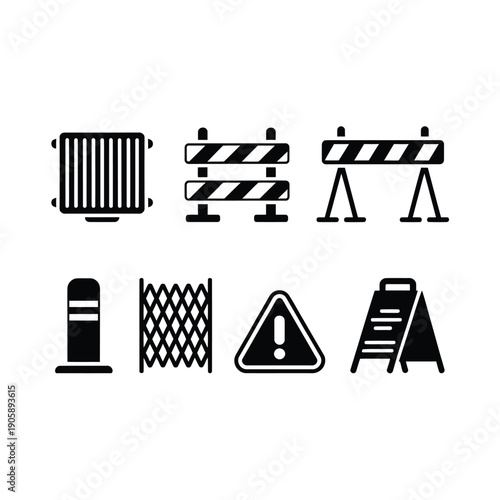 Black silhouettes of construction barriers cones and warning signs
