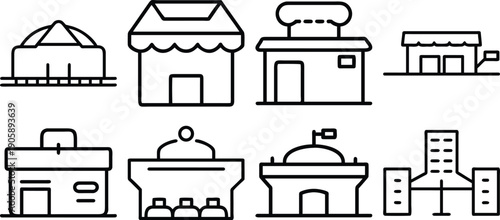 Building web icons in line style. Hotel, hospital, apartament, city, town house, mall, coffee, collection. Vector illustration.
