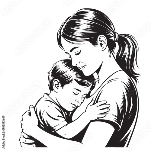 Mother hugging son vector illustration showing maternal love and affection in hand drawn black and white comic book style for family bonding concept and emotional parenting representation