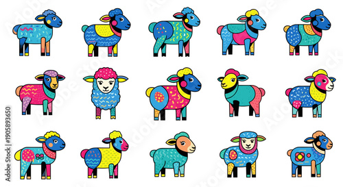 Collection of colorful cartoon sheep characters