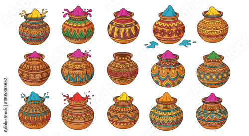 Collection of colorful traditional clay pots with decorative patterns