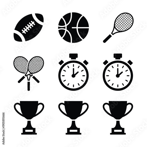 Black and white icons representing various sports time and achievement