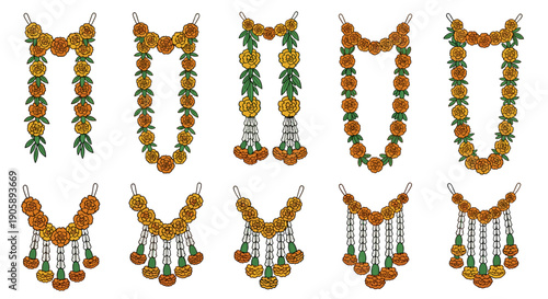 Decorative floral letter set spelling out the word mou with flowers