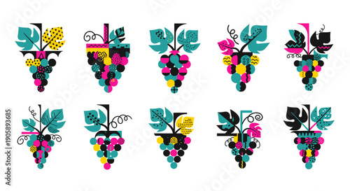 Set of colorful floral motifs with vibrant leaves and berries
