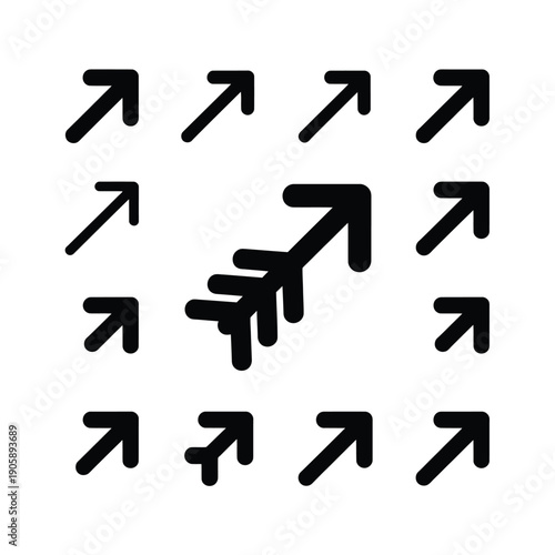 A grid of black arrows one distinct and pointing diagonally