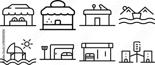 Building web icons in line style. Hotel, hospital, apartament, city, town house, mall, coffee, collection. Vector illustration.
