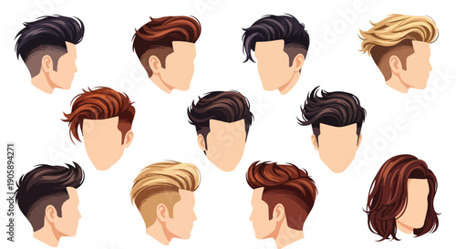 Illustration of multiple cartoon heads with different hairstyles on a white background.