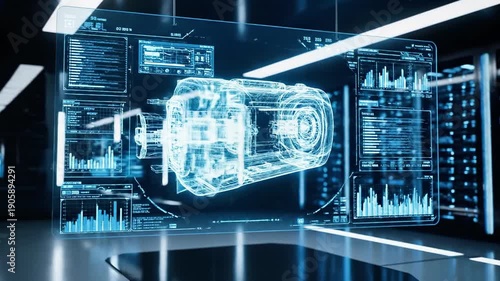 A futuristic, high-tech room featuring a transparent, blue-lit, 3D visualization of data and machinery