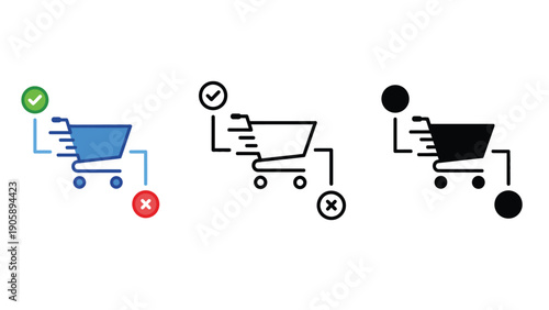 Shopping cart icons show a completed purchase and a canceled order.
