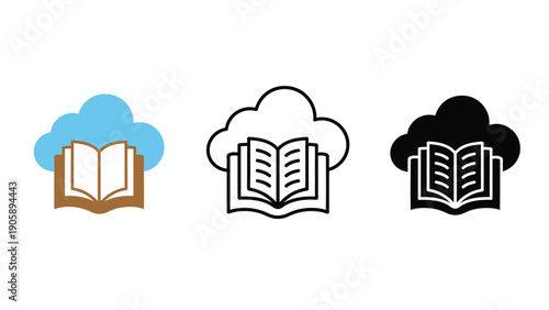 Three icons representing a book within a cloud in different styles.