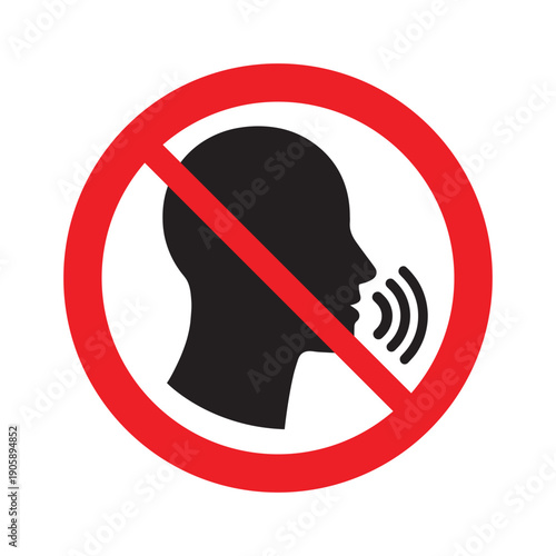 Standalone No Talking Regulatory Icon – Red Circular Prohibitory Symbol with Black Silhouette of Speaking Head