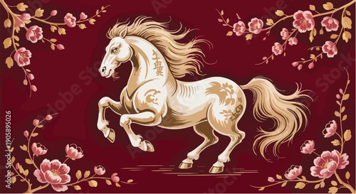 A wild black mustang stallion with a flowing mane runs in this vector silhouette illustration, designed as a powerful 2026 Year of the Horse symbol