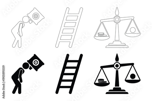 Law and Surveillance Icons: Person Watching Camera, Ladder, Scales