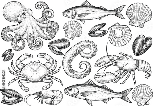 Vintage Style Seafood Engraving Set Featuring Octopus Lobster Crab Fish Shrimp and Shellfish for Restaurant Menus and Culinary Branding
